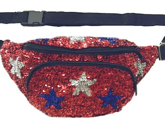 Red with Silver & Blue Stars Sequin Fanny Pack Patriotic Themed