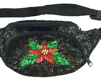 Poinsettia Christmas Flower Black Sequin Fanny Pack