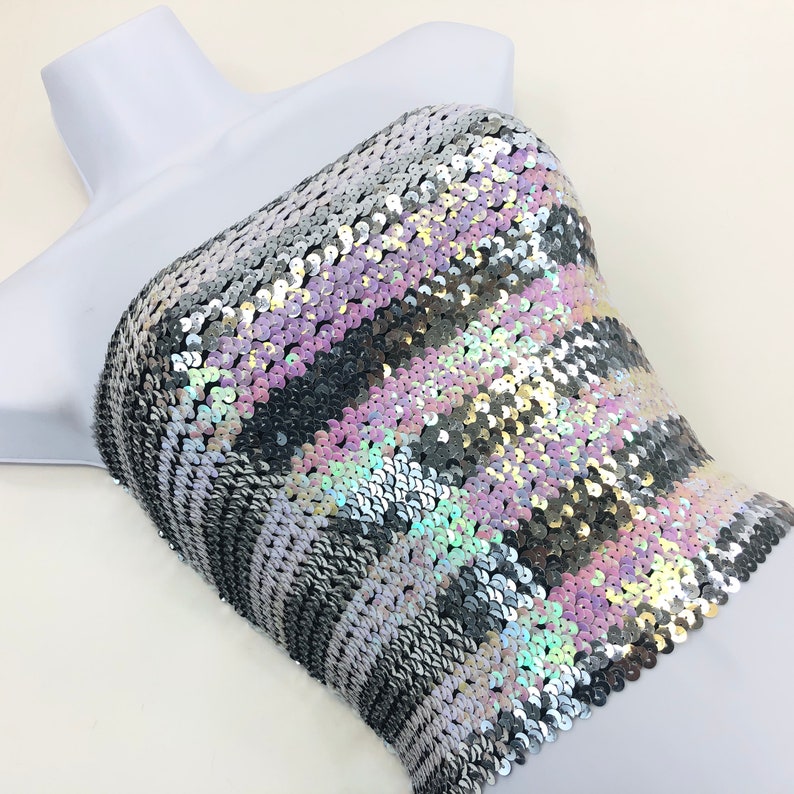 Silver and Opal Pink Striped Sequin Strapless Tube Top