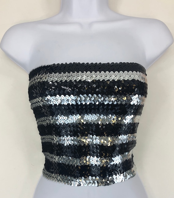 black and silver striped sequin dress