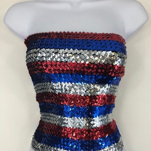 Red, Silver, and Blue Striped Sequin Tube Top image 3