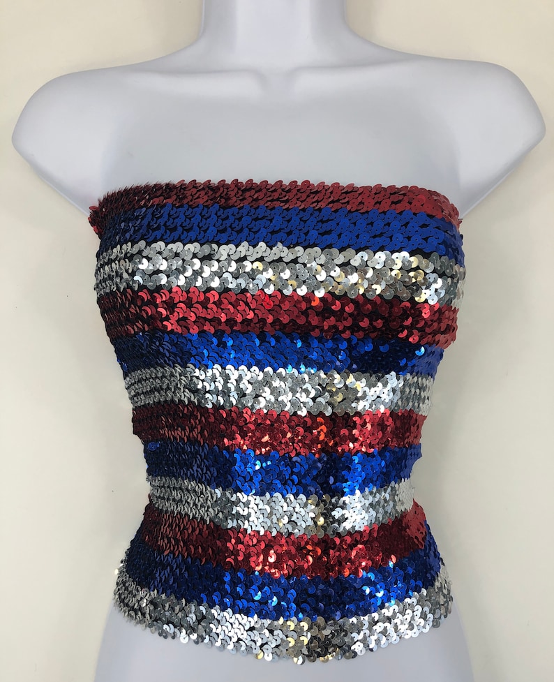 Red and Blue Striped Sequin Tube Top Silver
