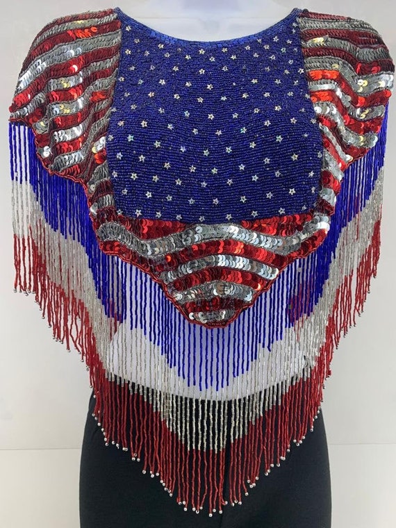 USA Sequin Shoulder Wrap Shawl - Stars and Stripes Sequined Hand Beaded Shoulder Wrap/Shrug with Fringes