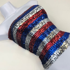 Red, Silver, and Blue Striped Sequin Tube Top image 1