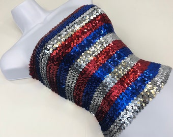 Red, Silver, and Blue Striped Sequin Tube Top