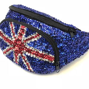 May include: A blue, red, and white sequined fanny pack with a zipper closure. The fanny pack features the Union Jack flag design.