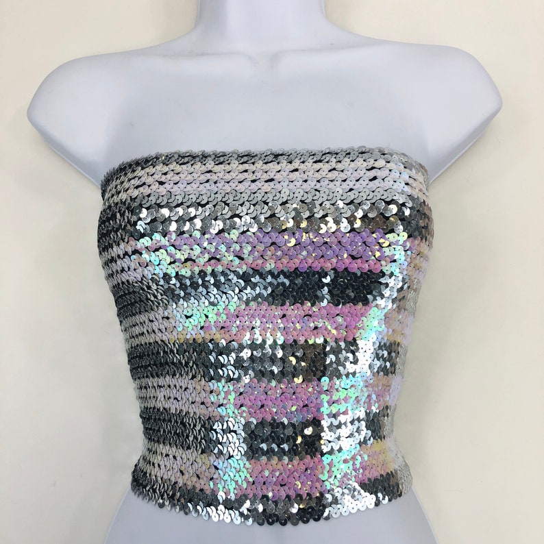 Silver and Opal Pink Striped Sequin Strapless Tube Top