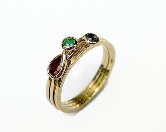 Thin Gold Stacking Rings Set - Ruby Sapphire Emerald Gemstone Rings - for Women