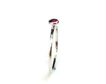 White Gold Ruby Ring, Thin Stacking Ring, 14k Solid White Gold Ring, Ruby Jewelry