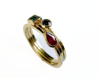 Anniversary Rings for Women, Ruby Emerald Sapphire Rings Set, Geometric Shape, Gold Stacking Rings