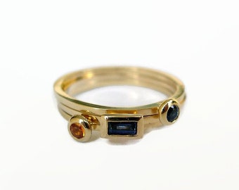 Yellow Gold Sapphire Ring, Dainty Gold Ring, Blue and Yellow Stone, Thin 14k Yellow Gold Stacking Ring, Sapphire Jewelry