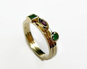 Ruby Emerald Ring in 14k Solid Gold