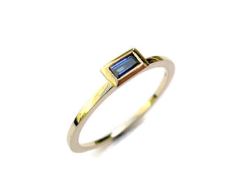 Baguette Ring, Sapphire Ring, 14k Solid Gold Ring, Thin Ring, Gemstone Stack Ring, Bezel, Sapphire Baguette Ring, for her, Blue Stone Ring