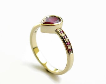 Ruby Ring, Red Stones Engagement Ring, Pear Ruby Gold Ring, Solid Gold Ring, Teardrop Stone, Ruby Jewelry