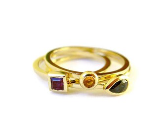 Geometrisches Stapelring-Set, massive Goldringe, Edelsteinring, geometrischer Schmuck