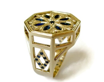 Pierścień Statement, Pierścień z żółtego złota 14k, Pierścień koktajlowy Art Deco, Rocznica, Pierścień ze złota szafirowego, Octagon, Biżuteria Art Deco