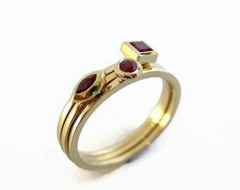 Robijnrode ringen, set van 3 stapelringen, massief gouden ring, rode edelsteenringen, robijnrode sieraden