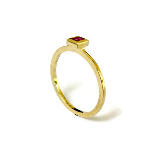 Ruby Ring, 14k Solid Gold, Stacking Ring, Thin Gold Ring with Ruby, Square Ring, Red Stone Ring, for her, Ruby Jewelry