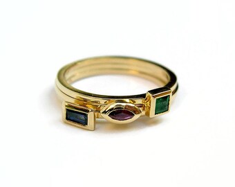 Geometric Gemstone Ring, Set of 3 Stacking Ring, Sapphire Emerald Ruby Rings, Solid Gold Ring for Woman