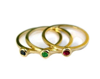 Emerald Ruby Sapphire Rings, 14k Solid Gold Rings, Gemstones Stacking Rings Set, Dainty Rings, Gift, Gemstones Jewelry