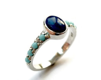 Lapis Sterling Silver Ring, Turquoise Silver Ring, Gemstone Ring, Oval lapis Ring