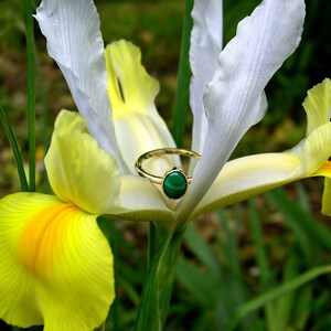 Puede incluir: Un anillo de oro con una piedra preciosa verde engastada en una flor amarilla.