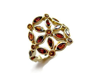 Pierścień Kwiat Życia, Pierścień z żółtego złota 14k, Biżuteria z kamieni szlachetnych, Pierścień z granatem i cytrynem, Pierścień Art Deco
