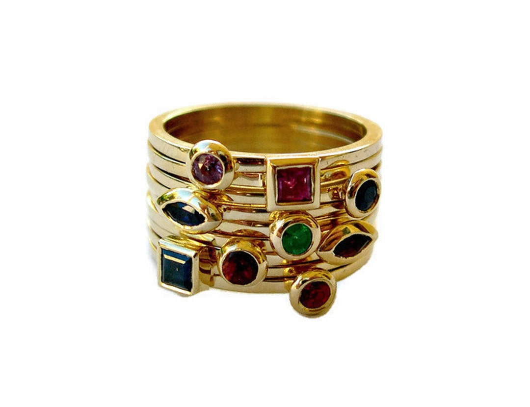 Multi Stacking Rings, 14k Yellow Gold Rings, Multi Colored Gemstones ...
