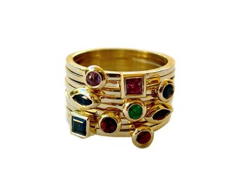 Anelli multi-impilabili, anelli in oro giallo 14k, pietre preziose multicolori, anelli con rubino, zaffiro, smeraldo, granato e tormalina, gioielli raffinati