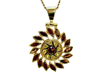 Colgante de oro de 14k, colgante de oro de flor de sol, colgante de granate, colgante de zafiro amarillo, para ella, joyas de oro, collar de piedras preciosas