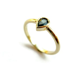 Pear Cut Sapphire Ring, Dainty Engagement Ring, 14k Yellow Gold Ring, Bezel, Sapphire Jewelry