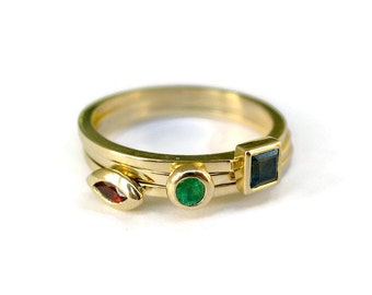 Stacking Ring Set in 14k Solid Gold with Gemstone, Thin Gold Ring Set, Gift for women, for her
