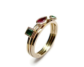 Gemstone Gold Rings Set - Delicate Stackable Ring - Emerald Ruby Jewelry