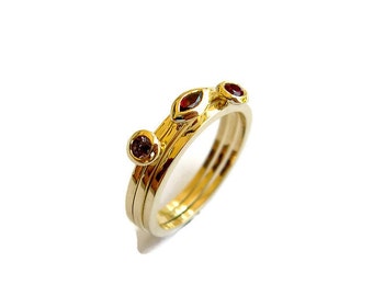 Rode edelstenenring, 14k massief gouden ringen, set van 3 ringen, stapelring, robijn, roze saffier, granaat, rode stenen sieraden