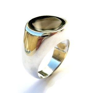 Puede incluir: Un anillo de plata con una piedra preciosa grande, ovalada y de color gris oscuro.