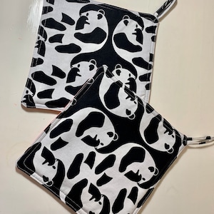 2 Black White PANDA potholders, hot pads zero waste, vegan, minimalist, modern prints, scrap patchwork, black, white, beige