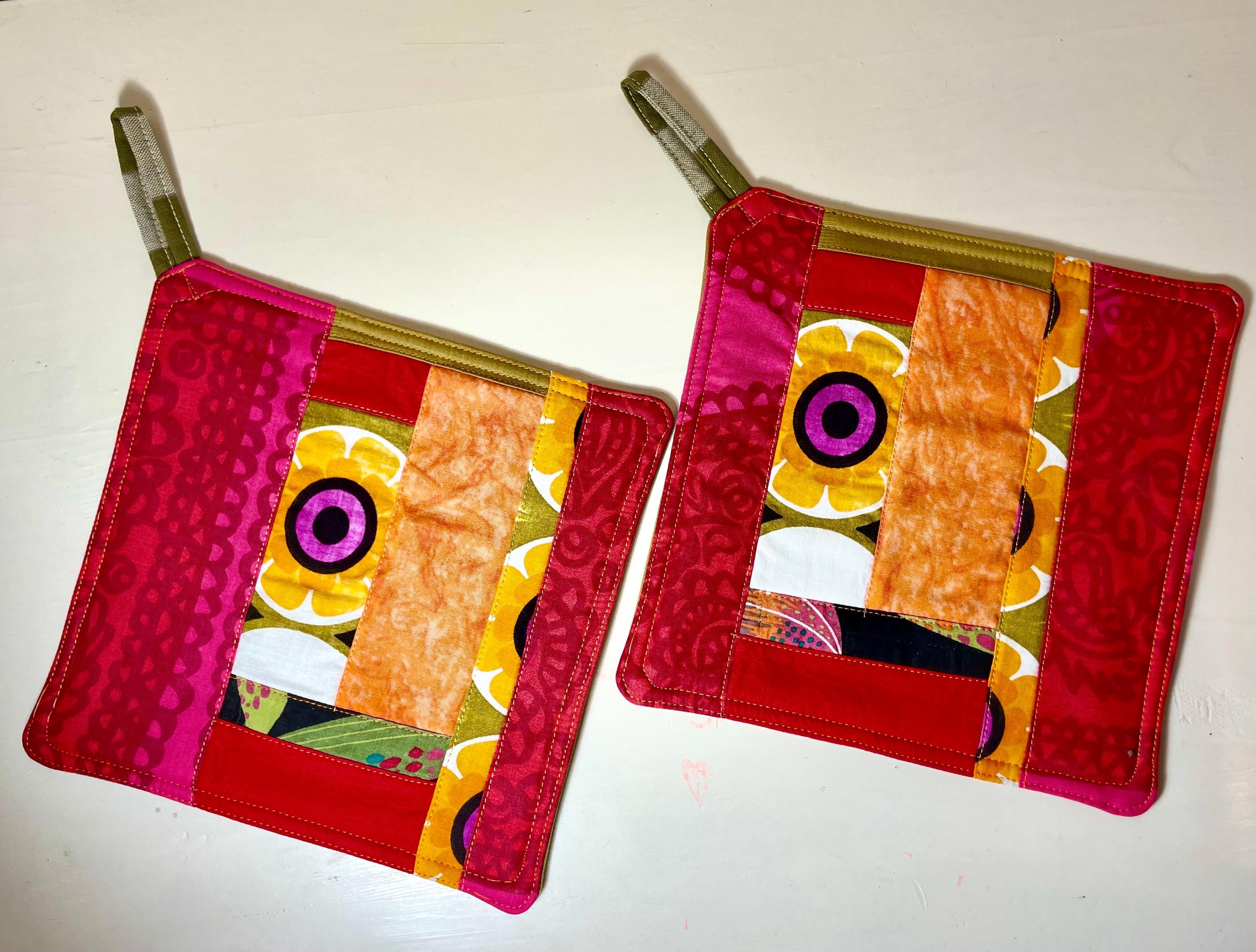 Vibrant 2 potholders,  Shabby Chic hot pads, quilted trivet pot holders, Scandinavian kitchen decor, cotton fabric, scrappy patchwork