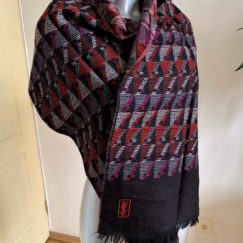 YVES SAINT LAURENT Vintage Wool Scarf black pink red purple white shops YsL