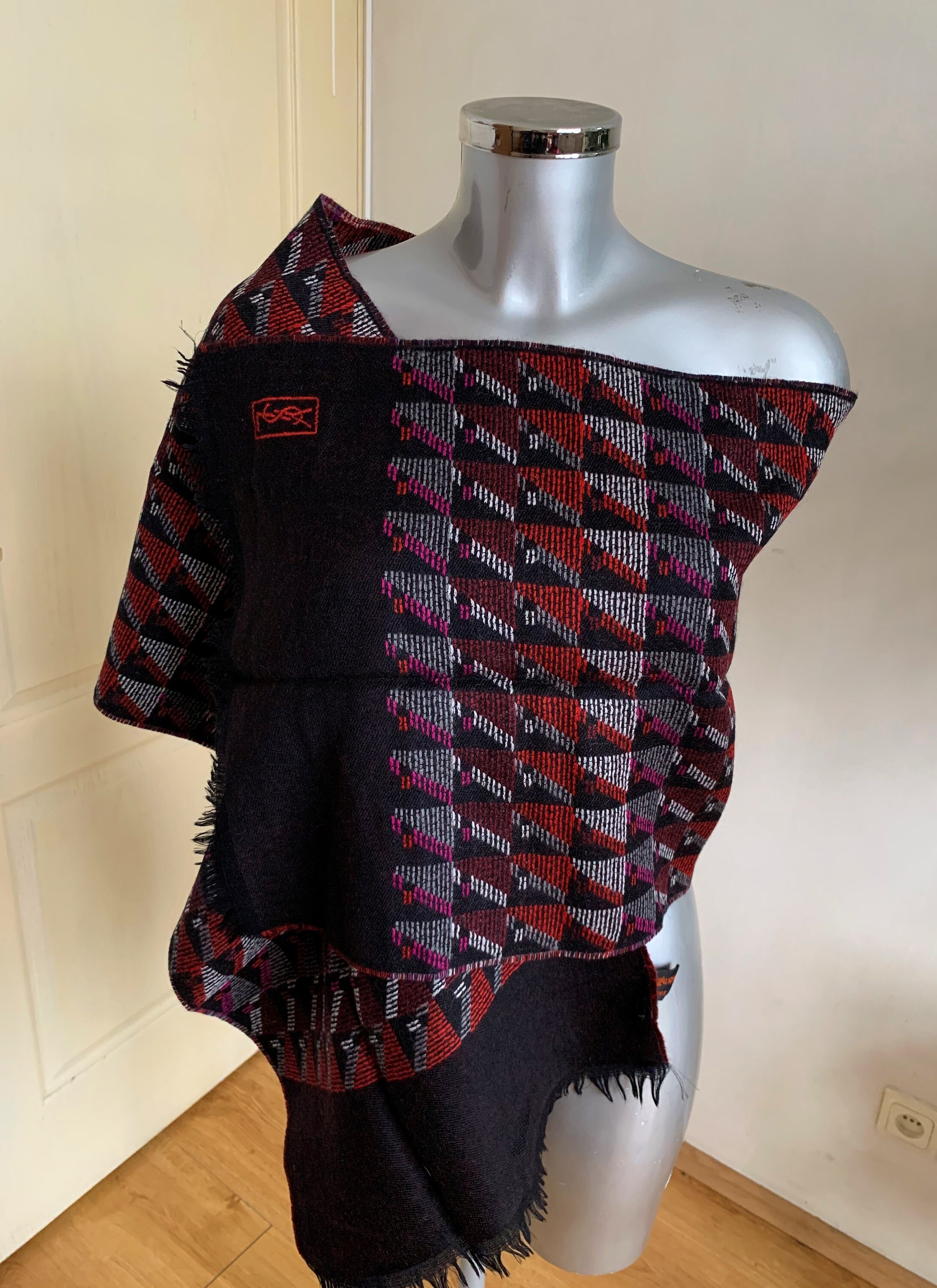 YVES SAINT LAURENT Vintage Wool Scarf Black Pink Red Purple