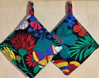 2 Potholders; Quilted Hot Pads; Pot Holders; Floral Potholder; Hostess Gift; Trivet; Kaffe Fassett; Hawaiian style fabric, Black Pink Red