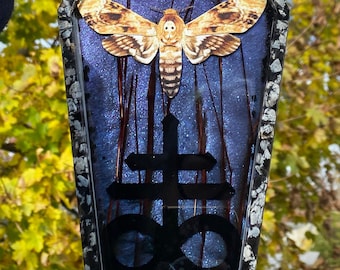 Macabre Faux Death's-Head Hawkmoth With Snowflake Obsidian, Leviathan Cross, Black Sand Occult Hand Made Resin Wall Hanging Home Decor