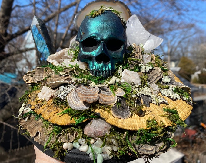 Featured listing image: Multichrome Teal Hand Made Skull Layered Mushrooms Crystal Garden Sculpture Witchy Goth Altar/Table/Shelf Home Decor w/ Labradorite