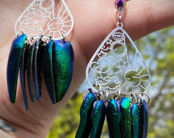 Pair Of Statement Occult Planchette Witchy Hand Made Chandelier REAL Elytra Jewel Beetle Wing Insect Earrings LIMITED to 2 PAIRS