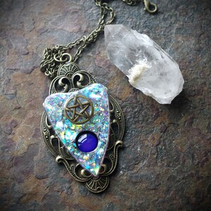 Ouija Inspired Planchette with Pentacle Mood Color Change Resin Faux White Opal Hand Made Bronze Necklace image 3