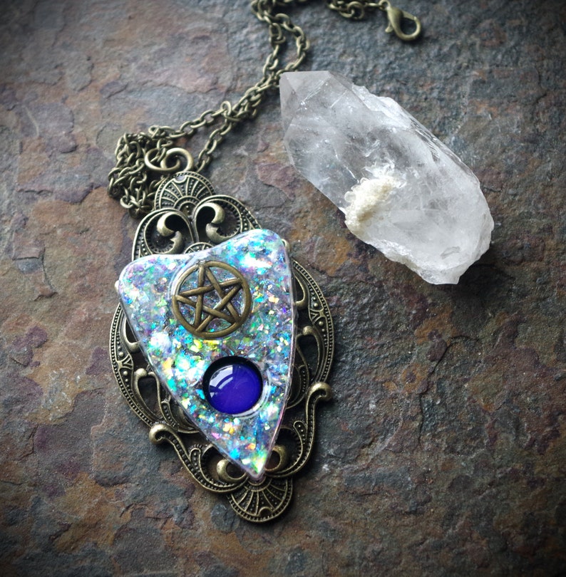 Ouija Inspired Planchette with Pentacle Mood Color Change Resin Faux White Opal Hand Made Bronze Necklace image 3