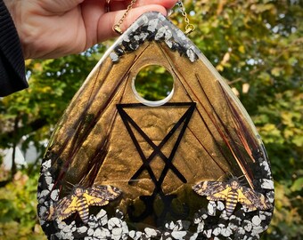 Bronze Ouija Inspired Planchette w/ Sigil of Lucifer, Death's-Head Hawkmoths, and Snowflake Obsidian Resin Wall Hanging Plaque Decor