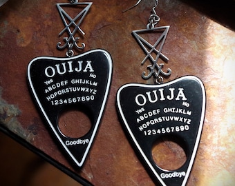 Black Ouija Spirit Board Inspired Planchette With Sigil of Lucifer Seal of Satan Hand Made Dangle Statement Earrings