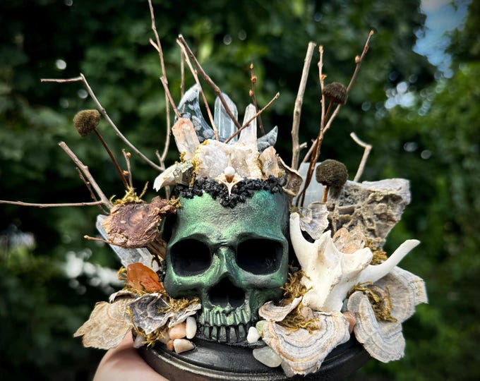 Featured listing image: No Rest for the Weary Deer & Snake Vertebrae Occult Oddities Skull and Mushrooms Crystal Garden Sculpture Altar/Table/Shelf Home Decor