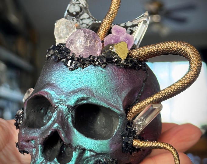 Featured listing image: Macabre Teal/Purple Hand Made Occult Resin Skull Crystal Garden Sculpture with Snake Witchy Gothic Altar/Table/Shelf Home Decor