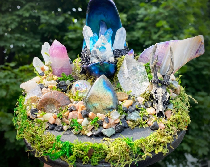 Featured listing image: Medium Crescent Moon Deer Skull Witchy Occult Goth Hand Made USB Lighted Crystal Garden Display Sculpture w/ Labradorite, Flourite, Quartz